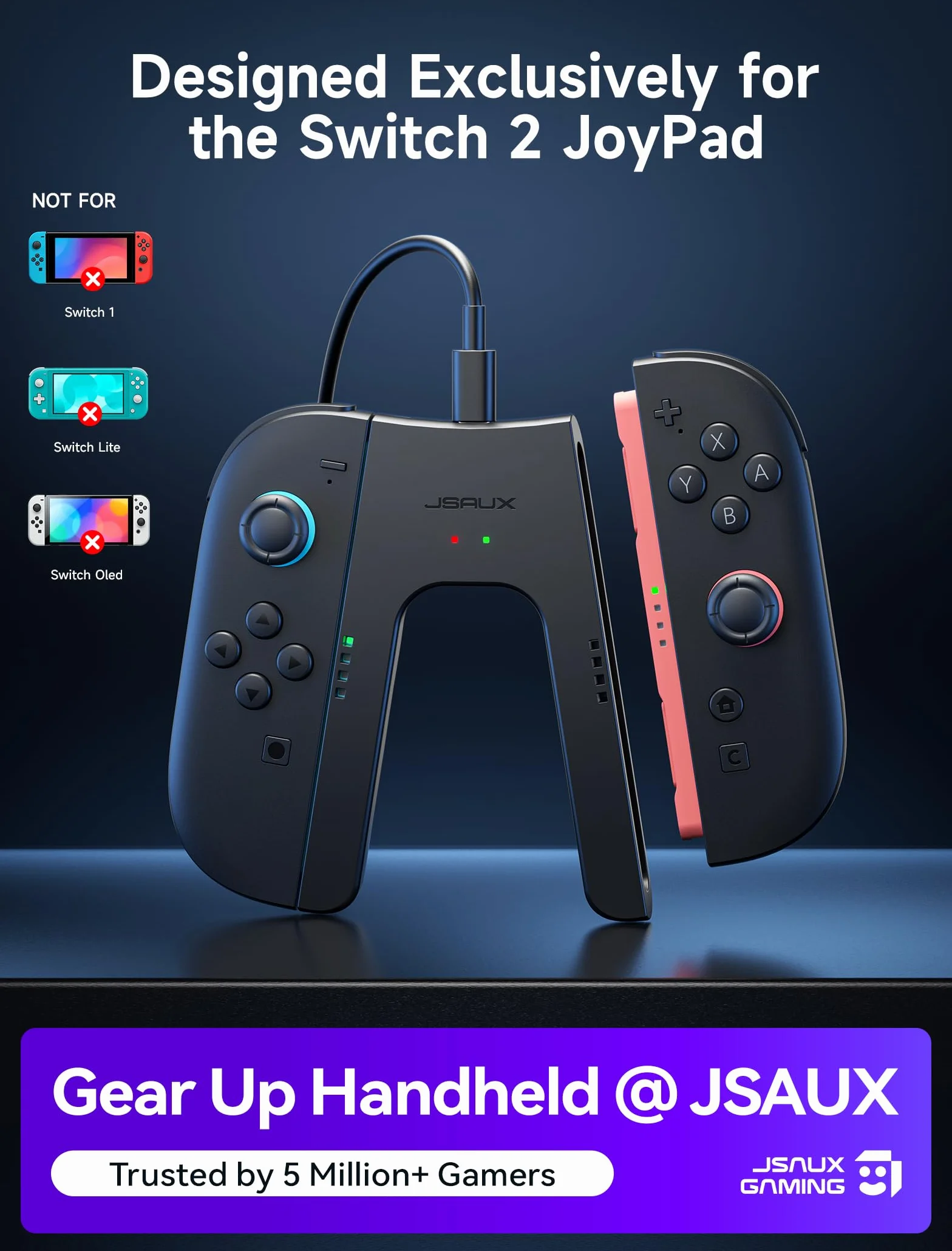 JSAUX Poignée de Chargement pour Switch 2, Manette Magnétique Compatible avec les JoyCon de Switch 2, Jouez Tout en Chargeant avec Indicateur LED & Câble de Charge 1,5m/4,9ft - Noir