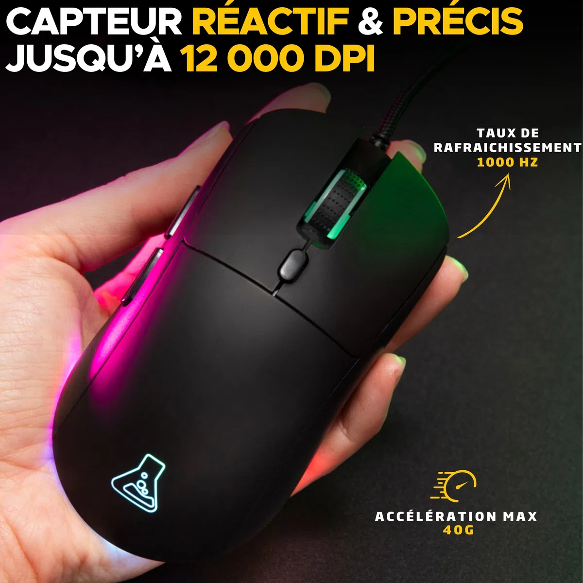 The G-Lab – Kult Cobalt - Souris Gamer Filaire USB - Capteur Ultra Réactif jusqu'à 12800 DPI, Légère, 6 Boutons, RGB Ajustable - Souris Gaming 100% Personnalisable - PC/PS4/PS5/Xbox - New