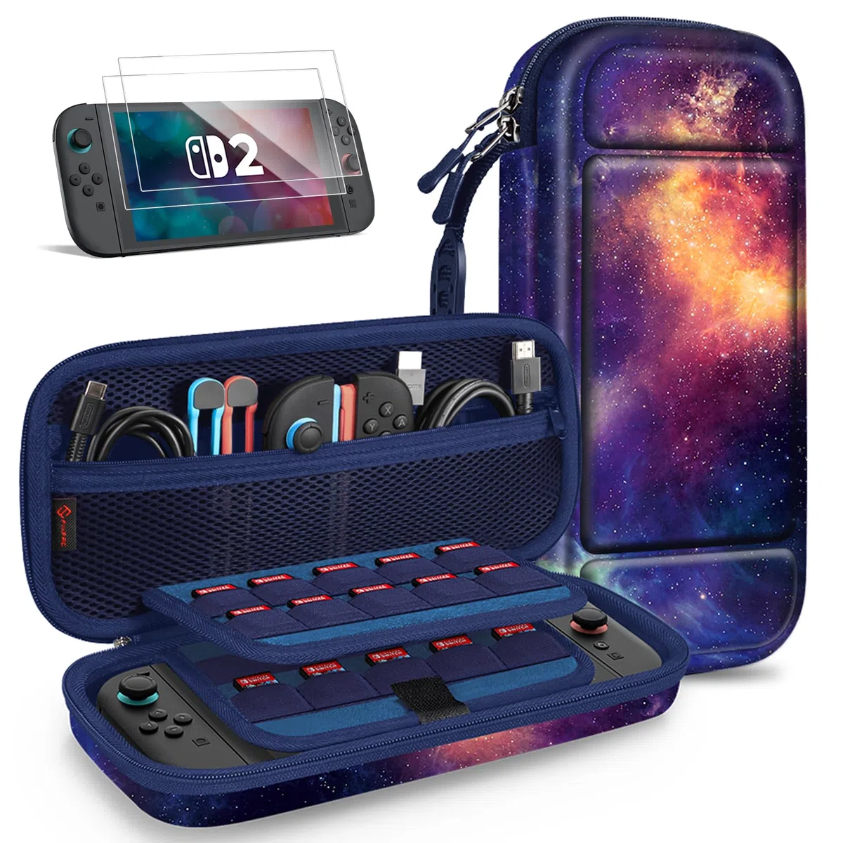 FINTIE Étui pour Nintendo Switch 2 (2025) + Verre Trempé (2 Pièces) - [Antichoc en EVA] Housse de Transport avec Emplacements Cartes de Jeu et Poche Intérieure pour Accessoires, Galaxie