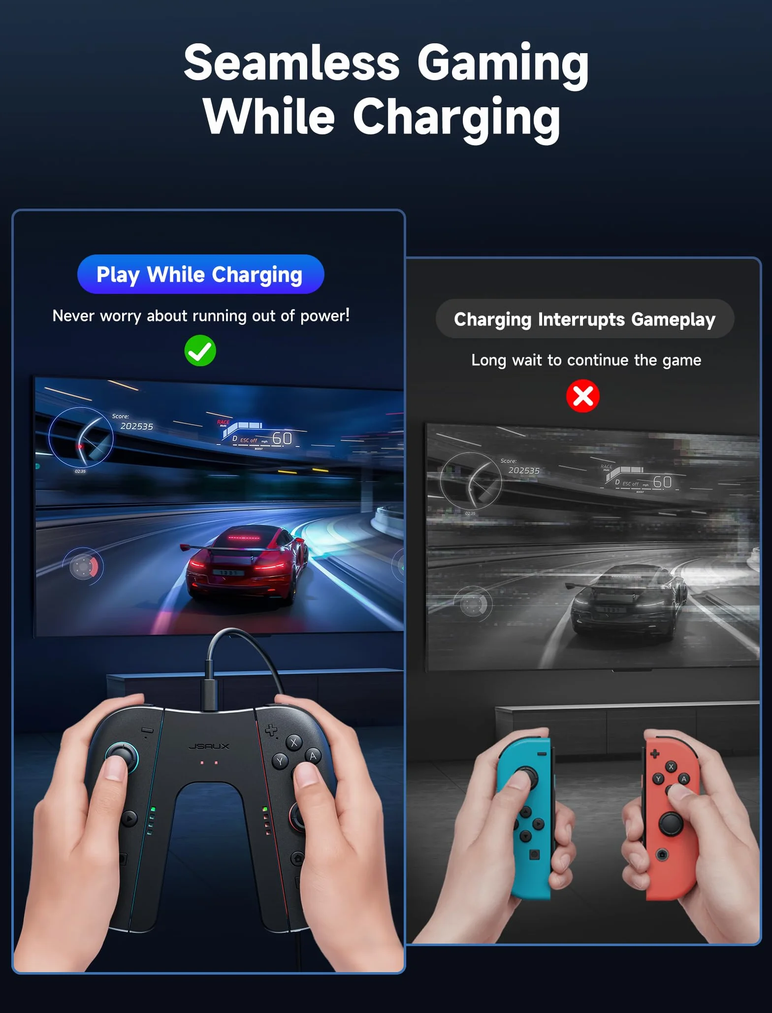 JSAUX Poignée de Chargement pour Switch 2, Manette Magnétique Compatible avec les JoyCon de Switch 2, Jouez Tout en Chargeant avec Indicateur LED & Câble de Charge 1,5m/4,9ft - Noir